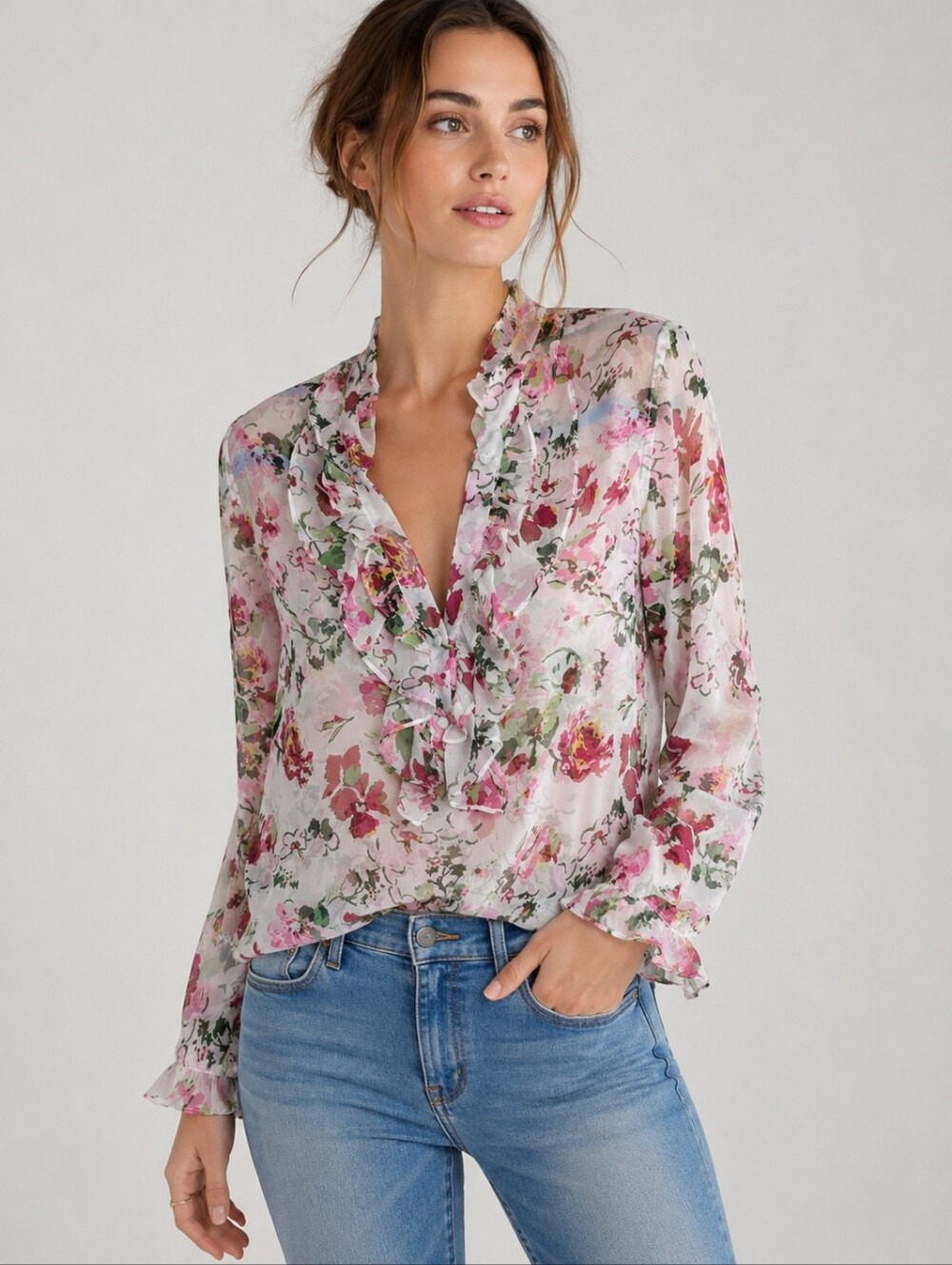 Equipment Femme Silk Floral Ruffle Blouse XXS Pink Watercolor Print